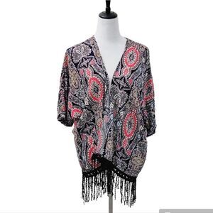Moon Collection Boho Open-Front Cardigan Fringe Short Sleeve Crotchet Hem Size L